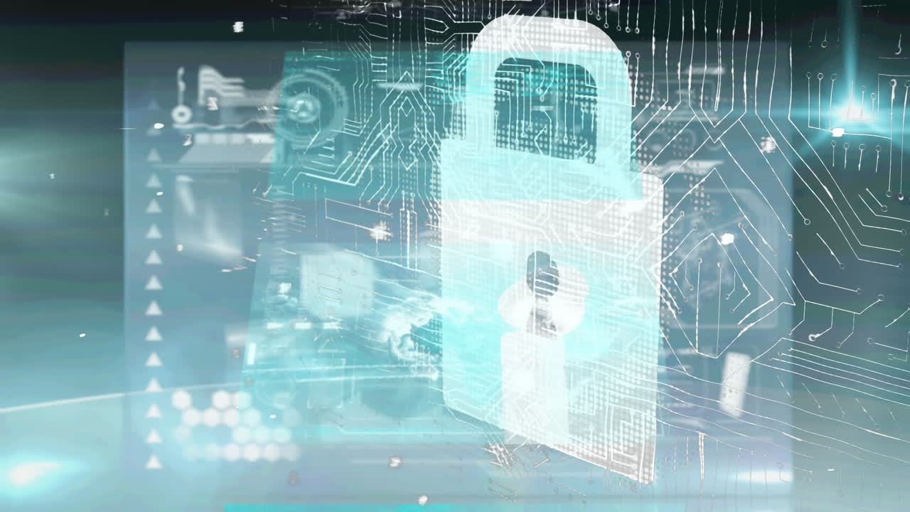 Animation of online security padlock with circuit board