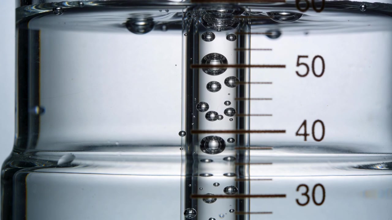 Starting gas flow, bubbles inside central tube in graduated cylinder rising past 30-50 scale