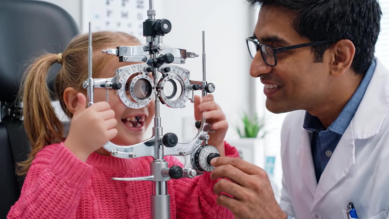 A Pediatric Eye Examination: Doctor Conducting Vision Test with Child Patient Using Phoropter in a Bright, Friendly Clinic Environment