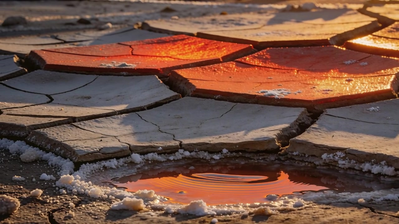 Reflecting shallow puddle catching orange light at salt flat after ripple, cracked plates, crusts