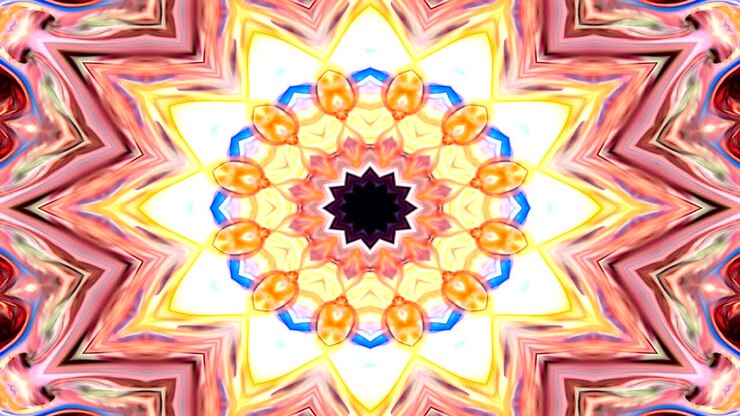 Abstract Coloroso modello simmetrico Ornamentale decorativo Kaleidoscopio Movimento Circolo geometrico e forme stellari