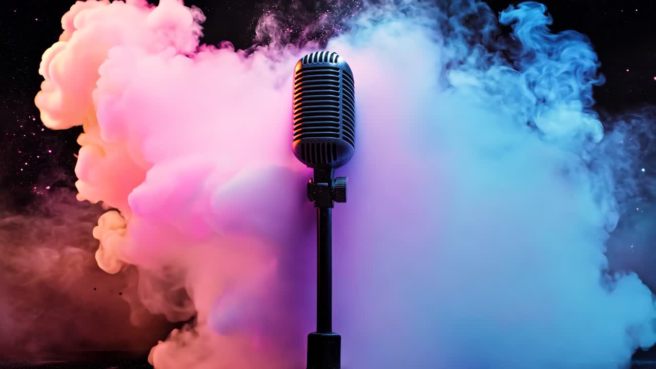 A microphone is in the middle of a colorful explosion. The microphone is black and silver, and it is surrounded by a cloud of colorful smoke. Concept of excitement and energy