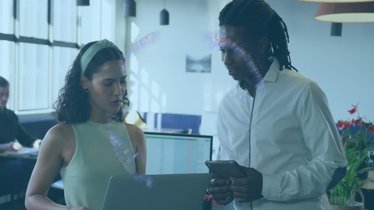Animation of data processing over businessman using computer