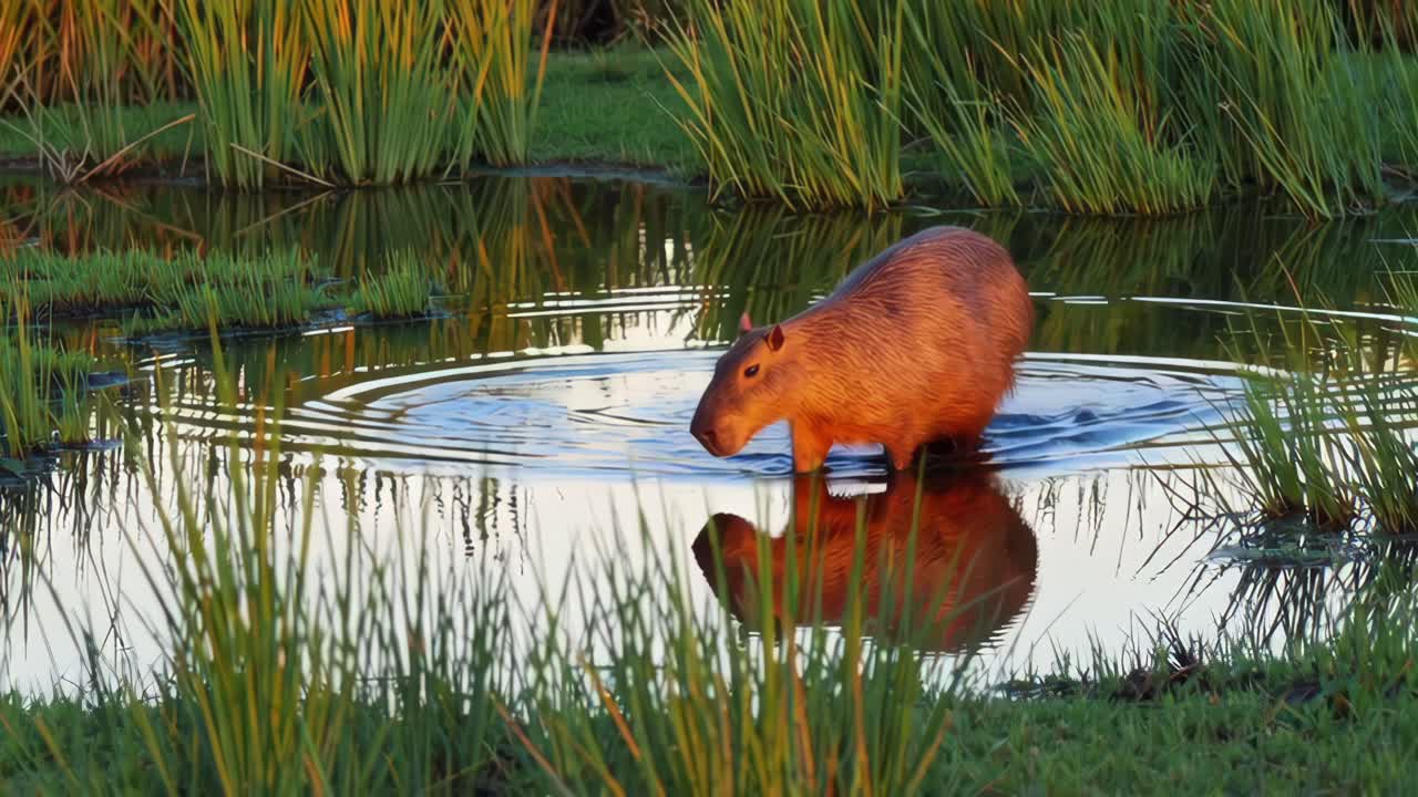 Large capybara walking gracefully through shallow water during golden hour, creating mesmerizing concentric ripples and a beautiful reflection on the tranquil surface