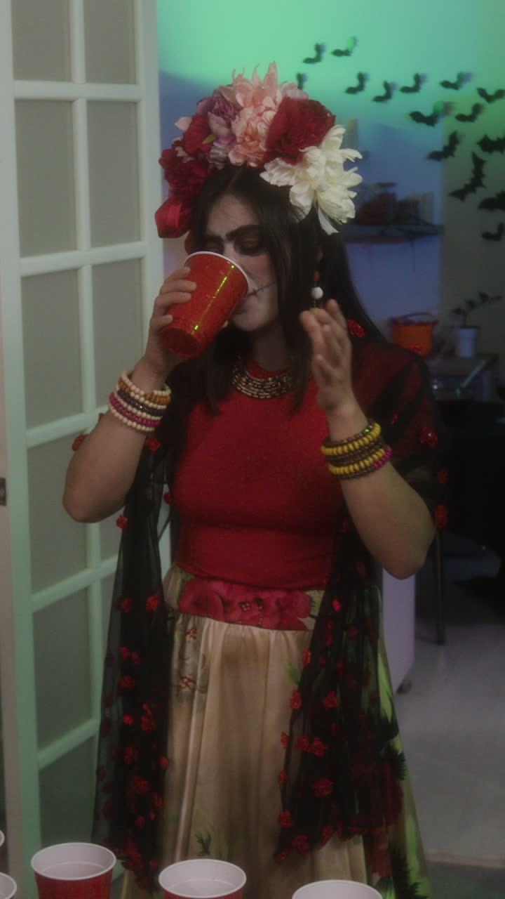 Woman in Day of the Dead Costume Drinking from Red Cup