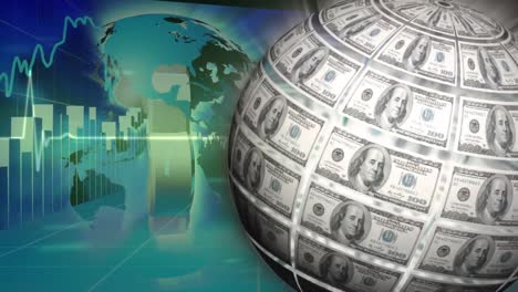 globe of american dollar bills spinning against statistical data processing on green background