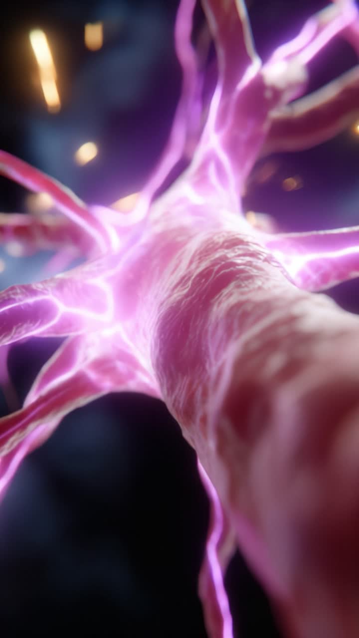 Abstract depiction of a glowing neuron, showcasing intricate dendritic structures and vibrant electric signals pulsating along its length in a surreal, digital art style