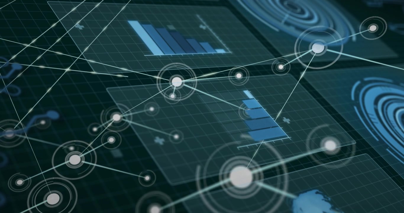 Second node appearing, data net expanding with links and pulsing rings showing metrics growth