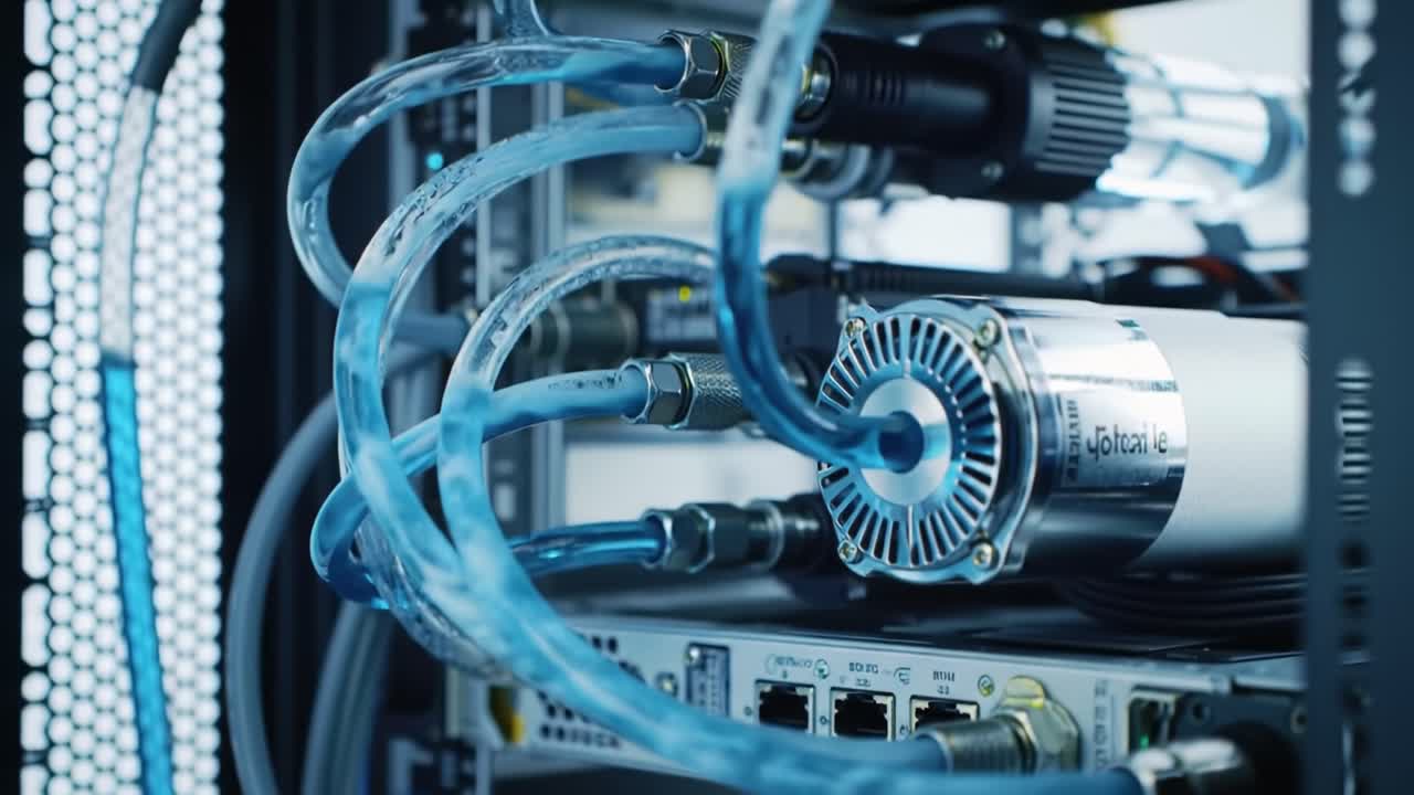 This showcases the installation of a modern liquid cooling system in a data center, highlighting intricate tubing and components designed for efficient heat management in servers.