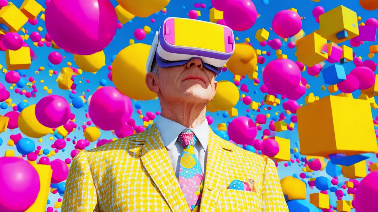An elderly man wearing virtual reality glasses stands confidently amidst a vibrant explosion of colorful geometric shapes, embodying the fusion of technology and artistry in a fantastical digital landscape