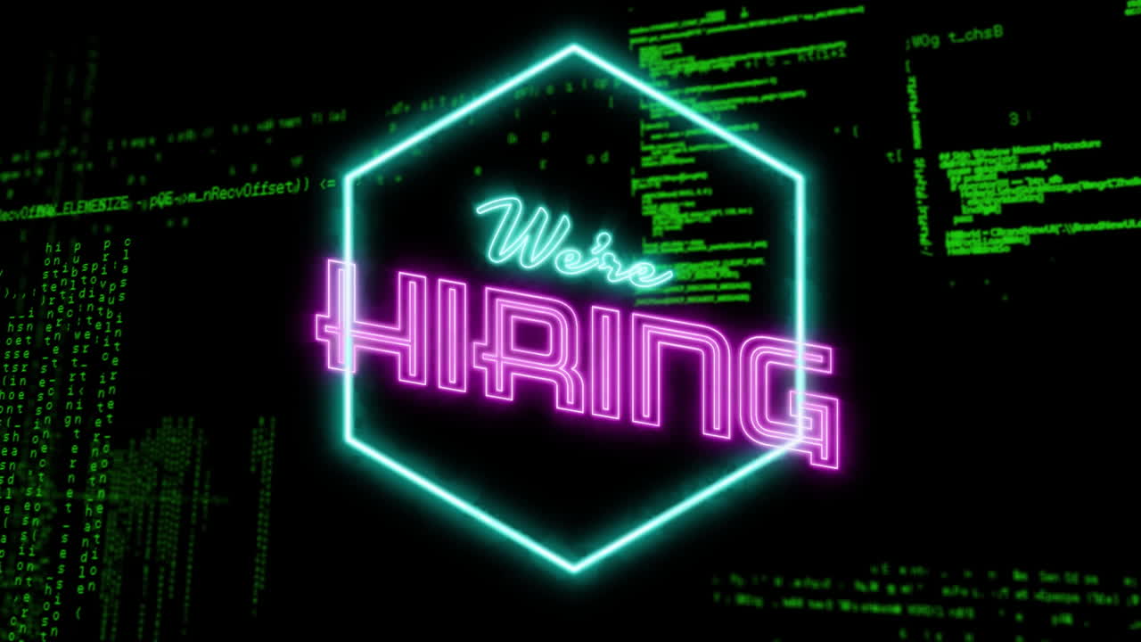 We''re Hiring text animation over green coding lines on black background