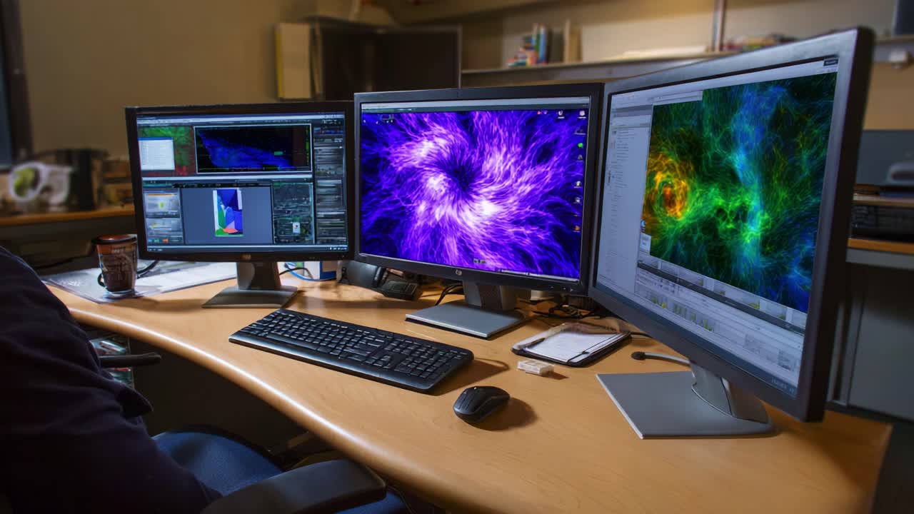 Advanced Computer Workstation Displaying Vibrant Visualizations of Complex Data Models and Graphics in a Modern Office Environment with Dual Monitors
