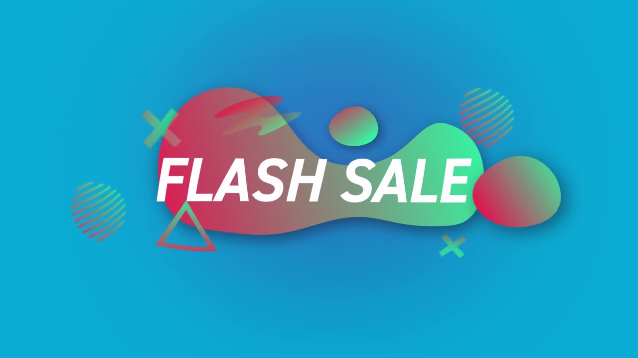 파란색 배경 위의 블롭에 플래시 판매 텍스트의 애니메이션