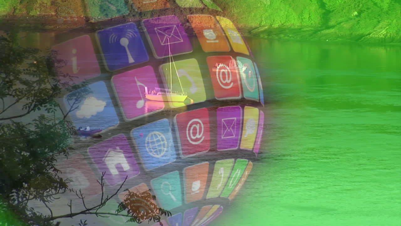 Kayaker paddling across calm lake while transparent app icon sphere hovering over forest in 3D