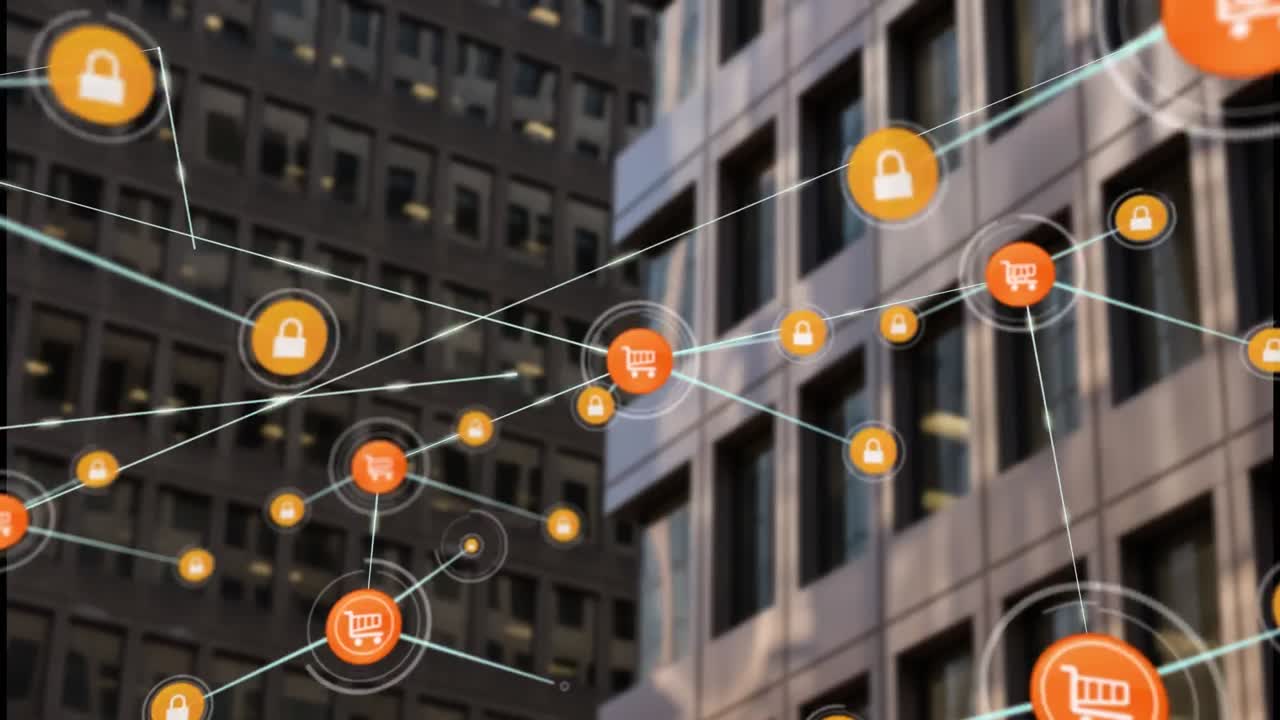 Animation of network of connections over cityscape