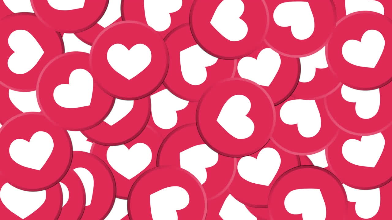Animazione di emoji multiple a forma di cuore che cadono su un paesaggio urbano