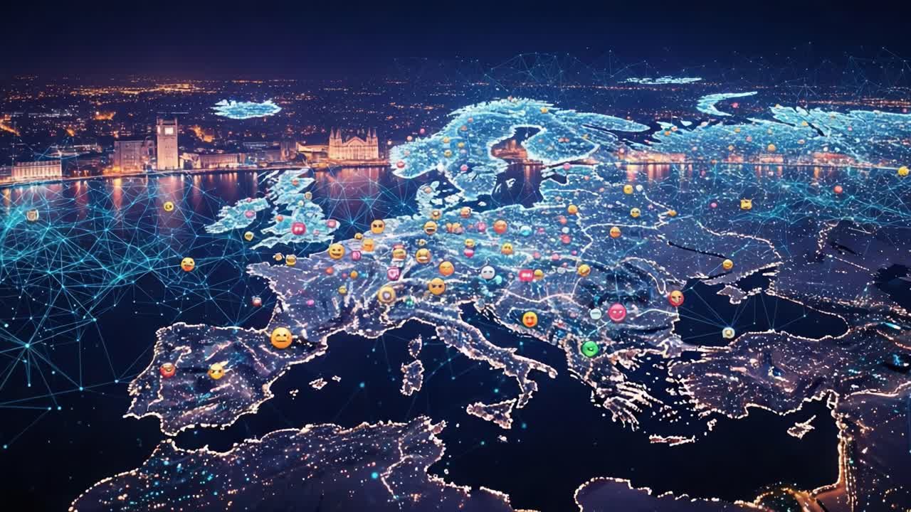 A Stunning Aerial View of Europe Illuminated with Digital Connections and Icons, Showcasing the Region's Vibrant Infrastructure and Abundant Networking Opportunities