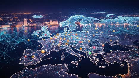 a stunning aerial view of europe illuminated with digital connections and icons, showcasing the region's vibrant infrastructure and abundant networking opportunities