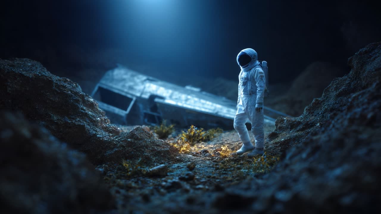 En astronaut utforsker et mystisk utenomjordisk landskap, står midt i steinete terreng og rester av et romfartøy under et eterisk blått lys