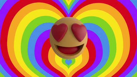 Animation-of-hearts-and-emoji-icon-on-rainbow-background