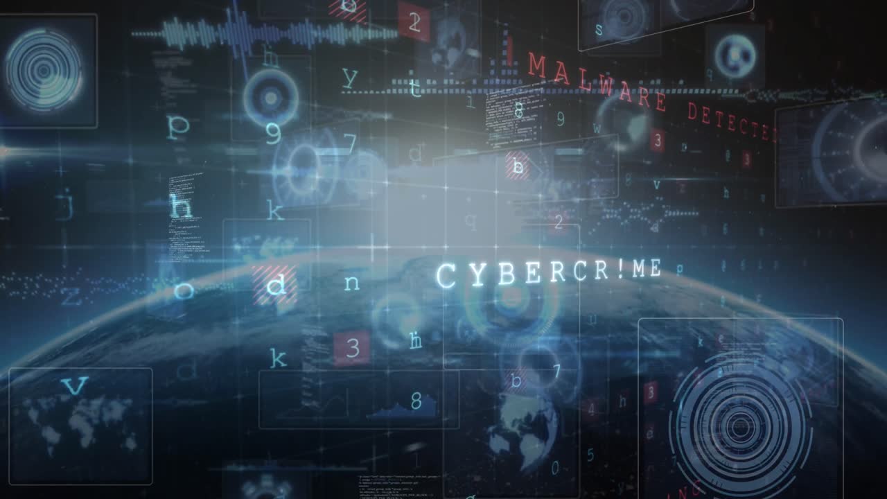 Animation of cyber attack warning, scopes scanning and data processing over globe