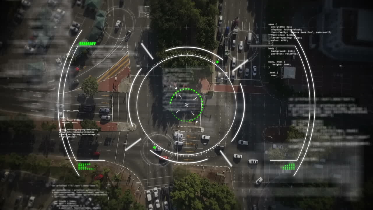 거리에서 움직이는 차량의 공중 뷰에 대한 원과 컴퓨터 언어의 애니메이션