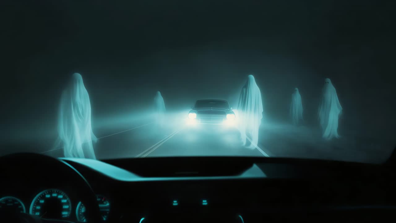 figuras fantasmales en un camino nocturno de niebla