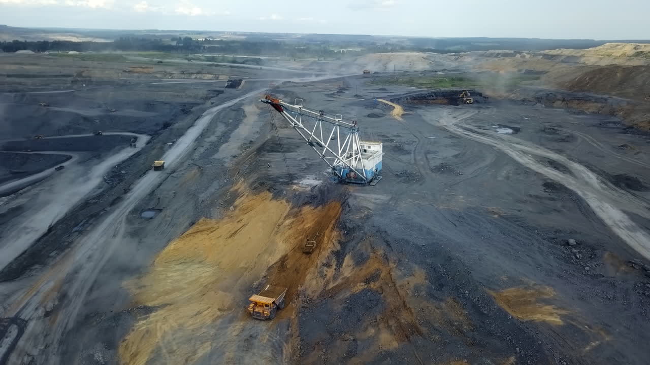 Aerial view of an open pit coal mine with heavy machinery