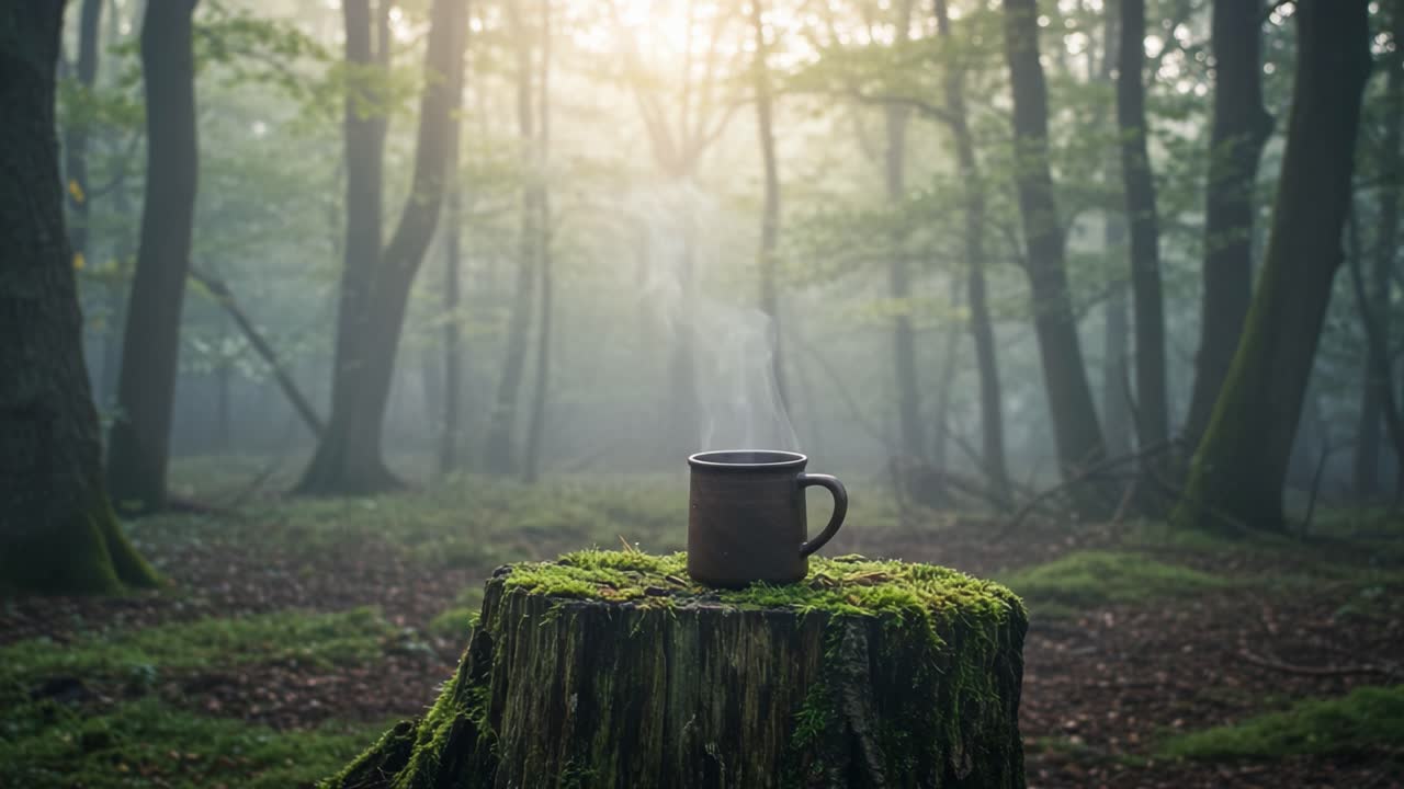 A Serene Escape: Discovering Tranquility in the Heart of the Forest with a Steaming Mug on a Mossy Stump Amidst the Morning Mist