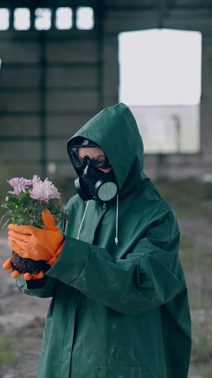 Ecologist in safety suit holding flowers on ruined building background. Person in gas mask and protective clothes stands in dangerous place after chemical attack. Vertical video