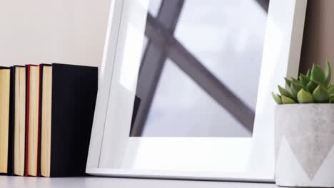 books, mirror and aloe vera plant on table