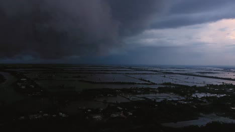 aerial panning view of of evening storm over mekong delta in vietnam