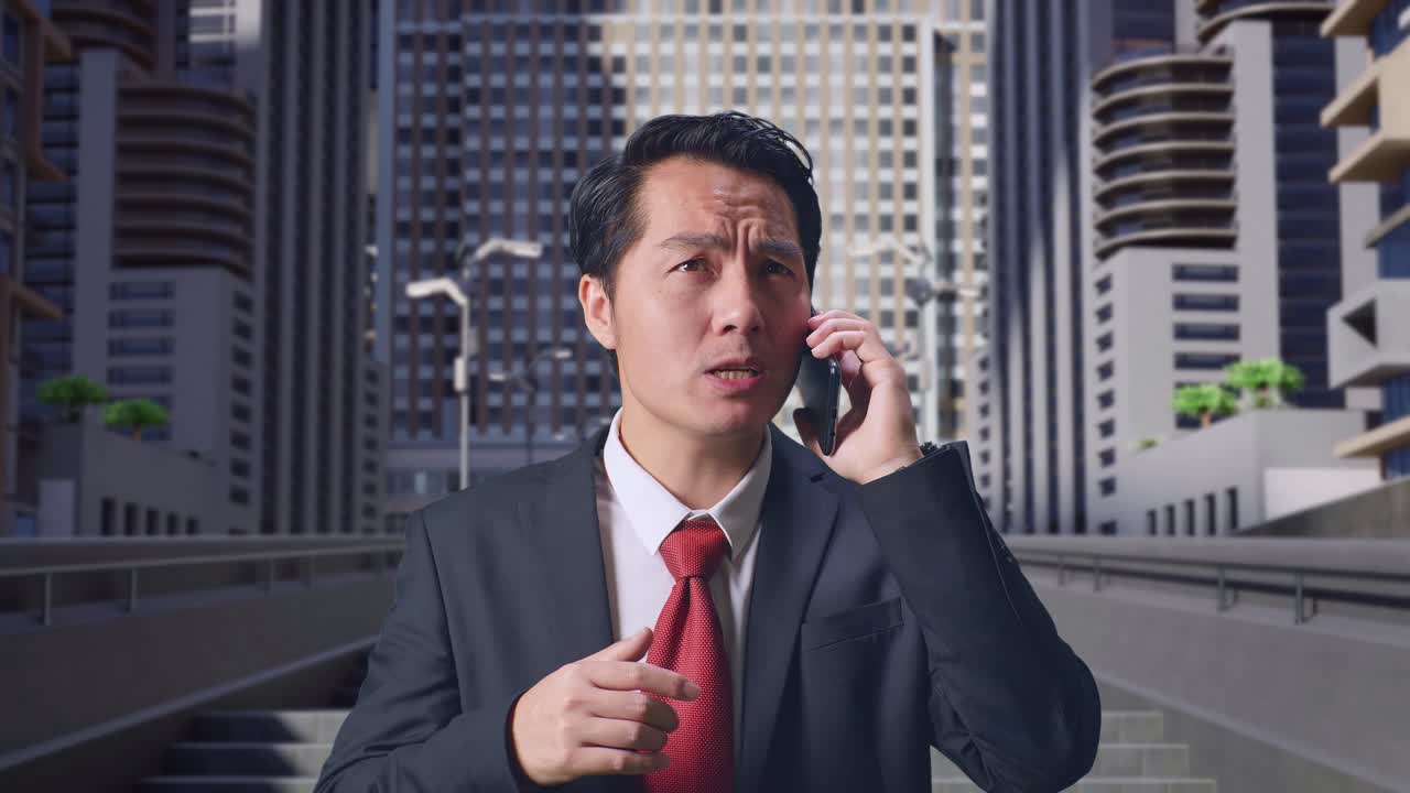 도시 에서 서 있는 동안 휴대 전화 로 이야기 하는 분노 한 아시아인 사업가