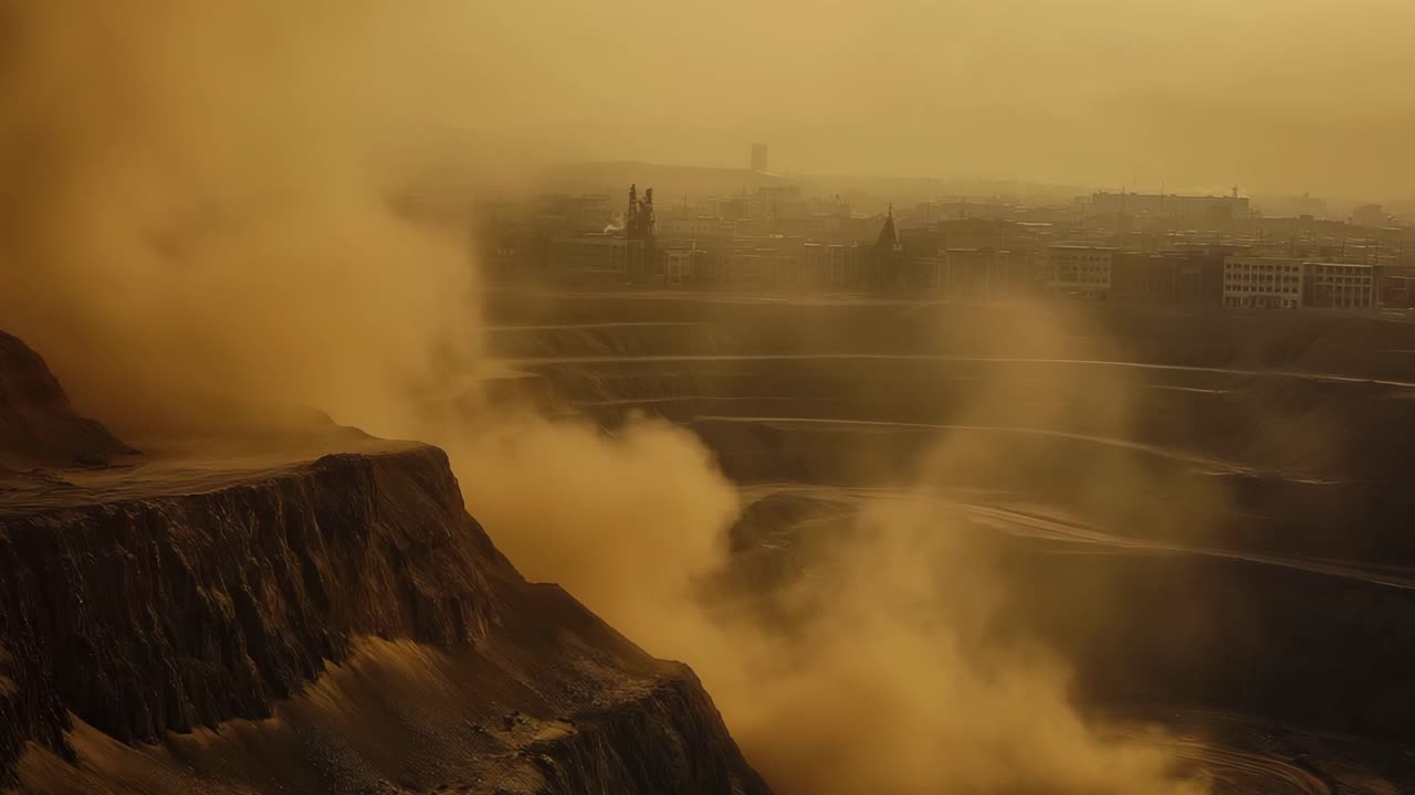 Open-pit mine and city under dusty sky