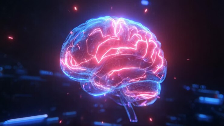 Futuristic digital brain with glowing neurons and interconnected networks processing data, symbolizing artificial intelligence, machine learning, advanced computing and neural innovation