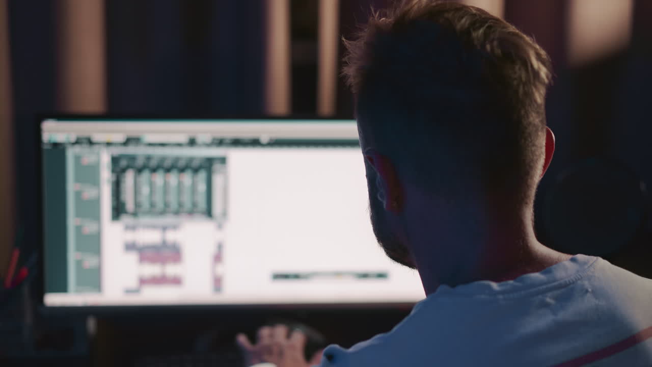 Sound producer works on computer closeup. Skillful man crafts put tracks together at workstation. Artistic efforts of determined music director