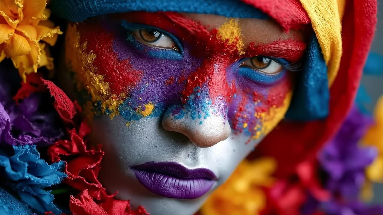 A woman with colorful face paint and flowers on her face