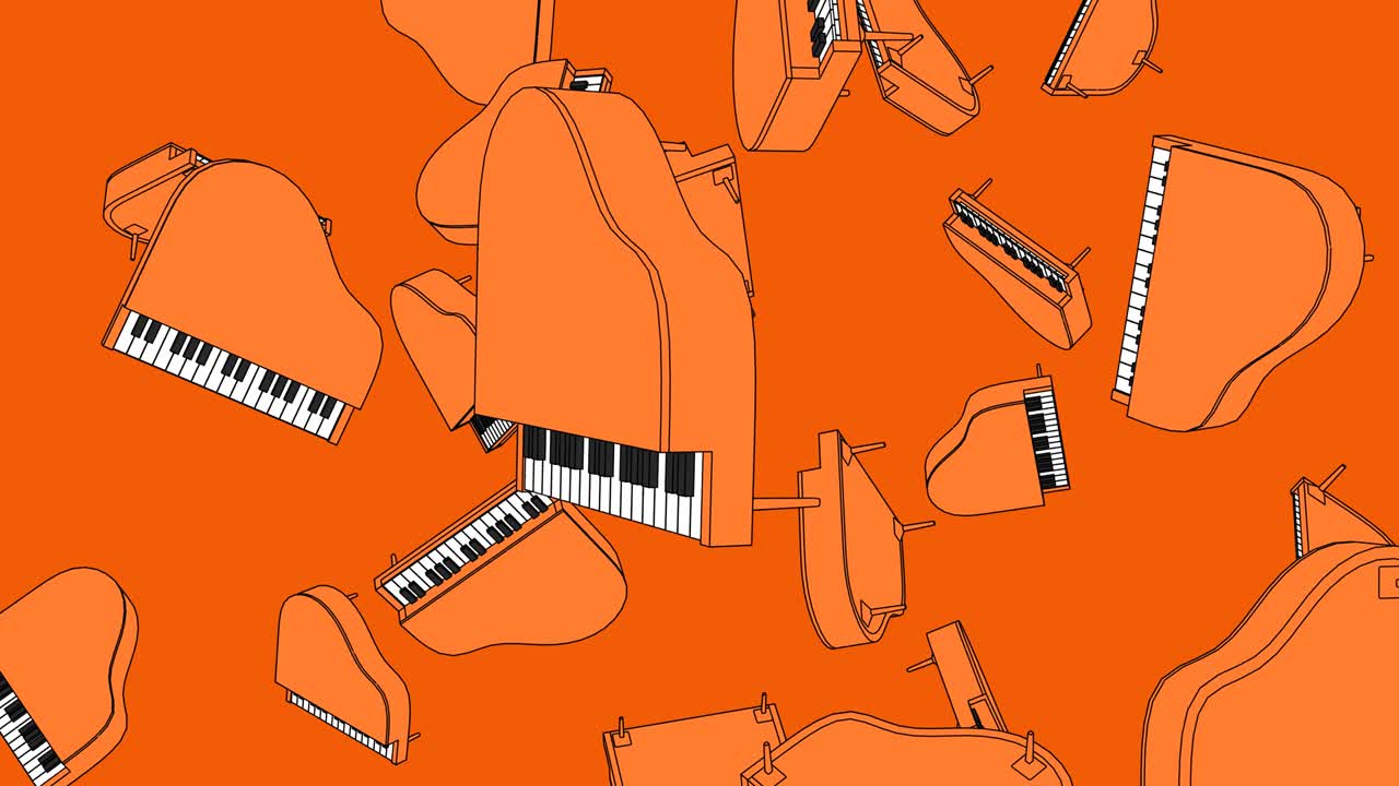 Molti pianoforti arancioni su sfondo arancione