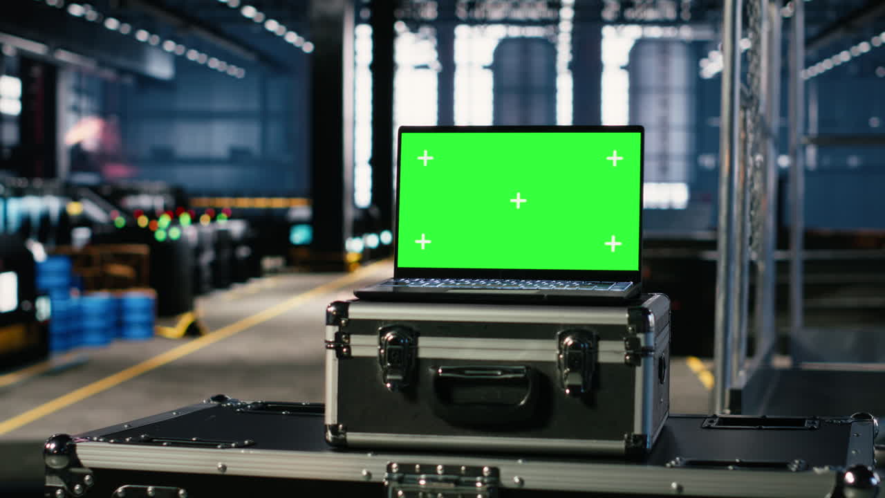 Chroma key with empty machinery hall shows industrial environment