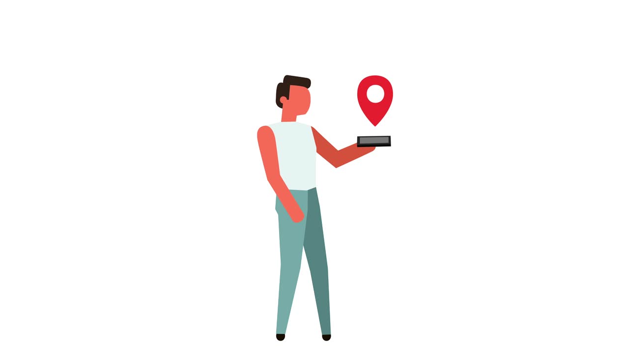 pictograma de palo color hombre personaje caminando con gps navegador animación de dibujos animados