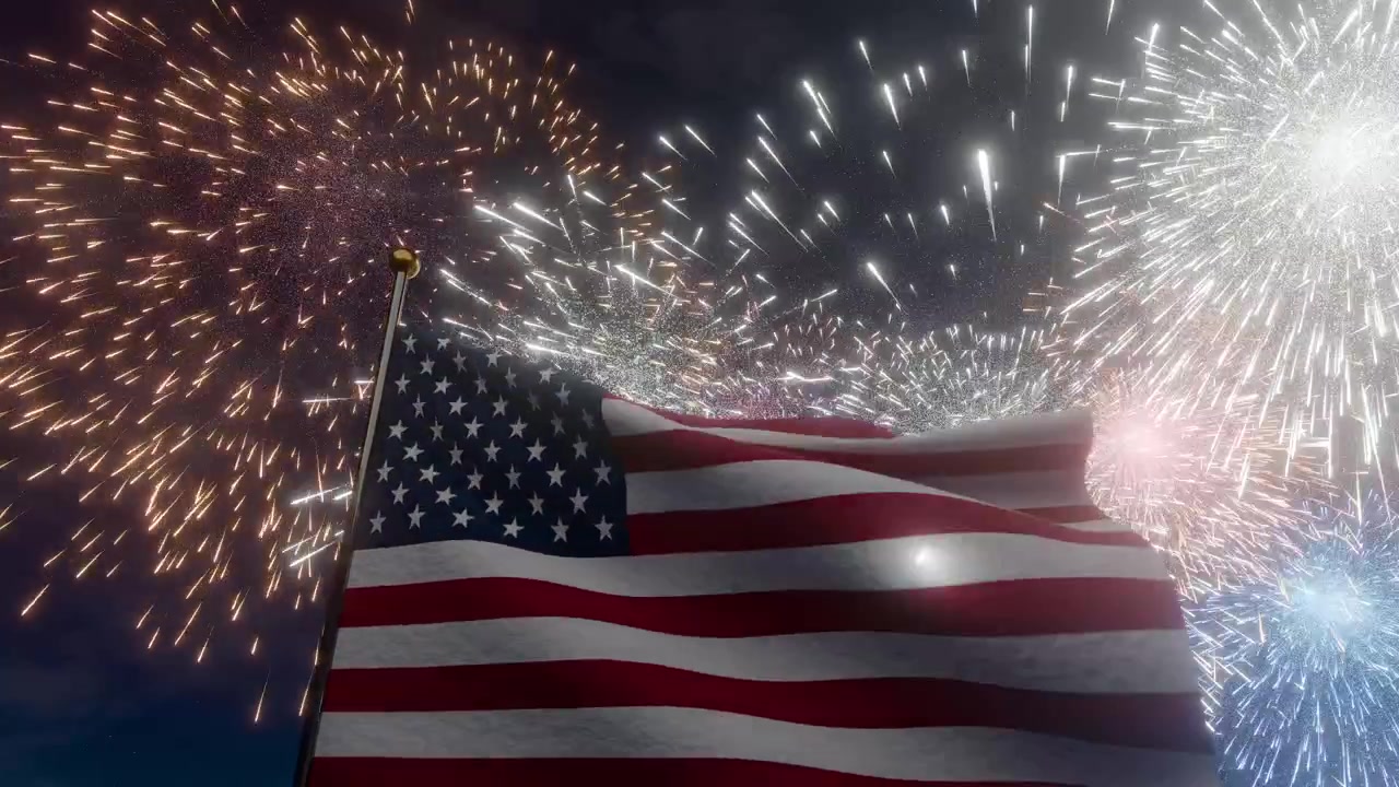 American flag against fireworks the night of the independence 4th holiday