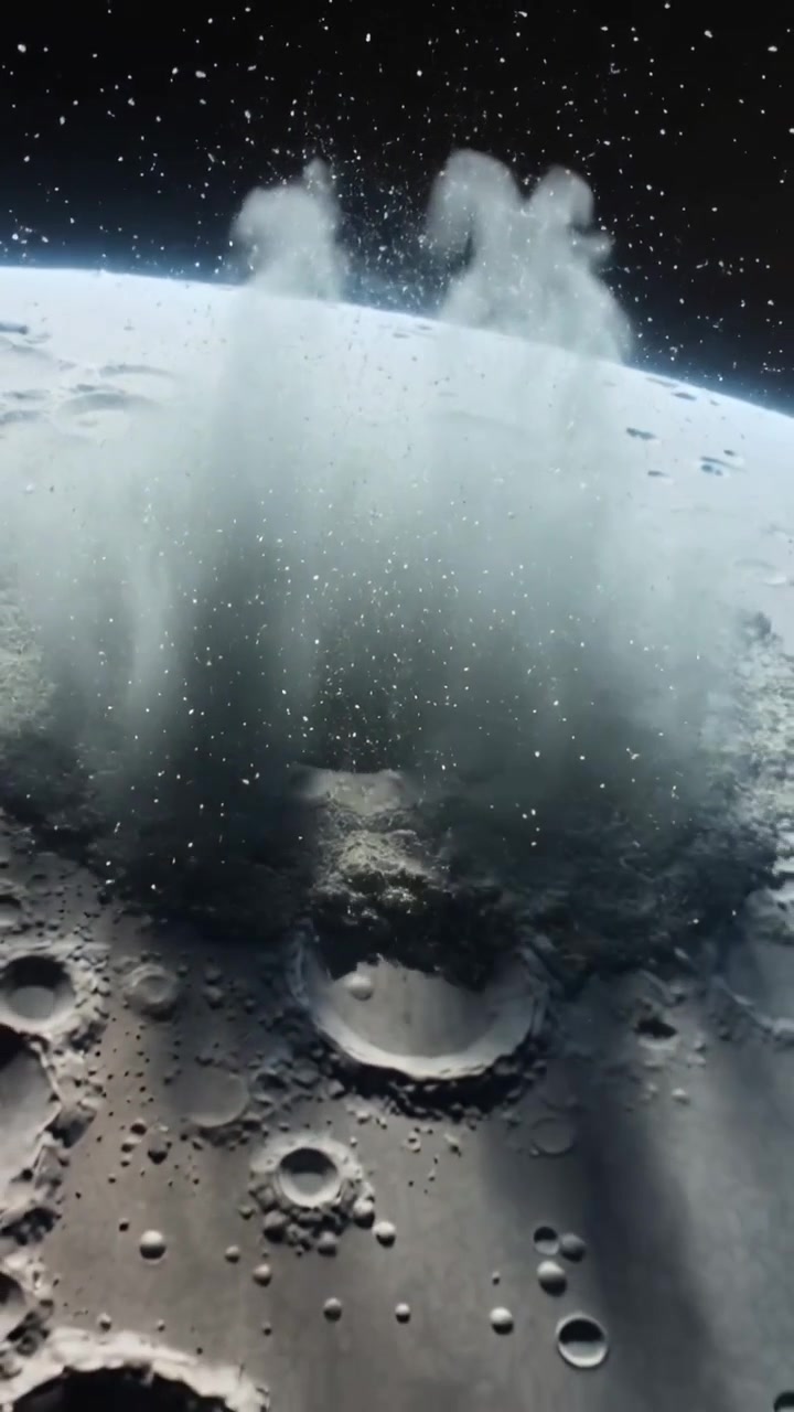 Video verticale: Cratere principale che erutta, lanciando un pennacchio di eiezioni verso le stelle all'orizzonte, creando un cratere.