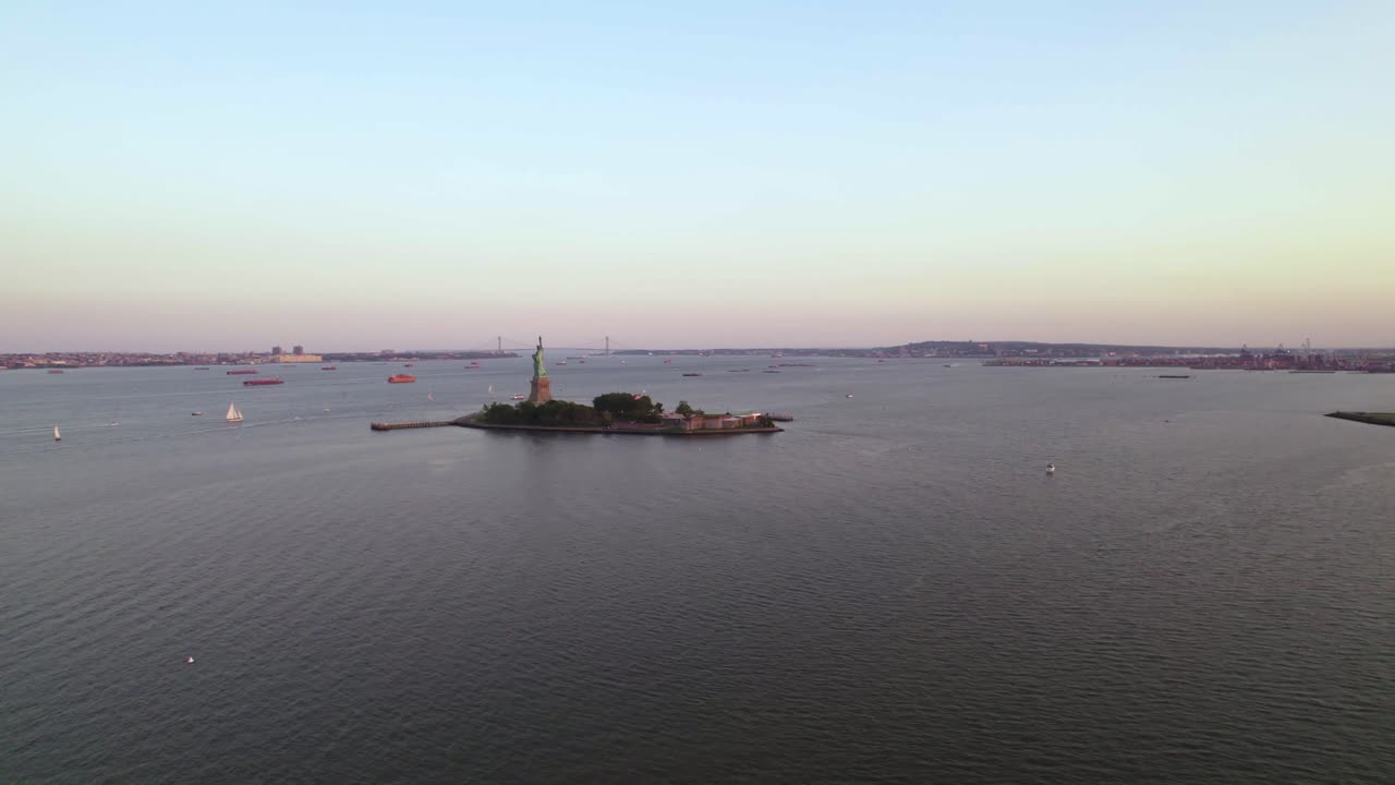 Aerial View of the Statue of Liberty and New York Harbor
