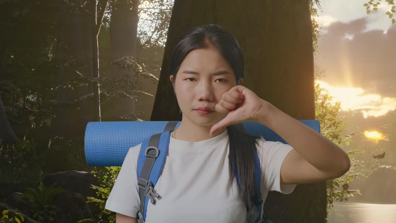 산악 배 을 들고 있는 아시아 여성 산책자 의 근접 사진