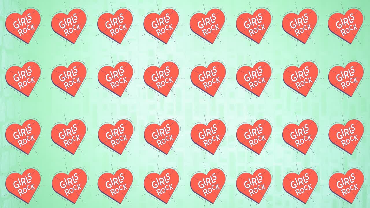 파란색 배경에 빨간색 심장 위에 여러 소녀 록 텍스트의 애니메이션