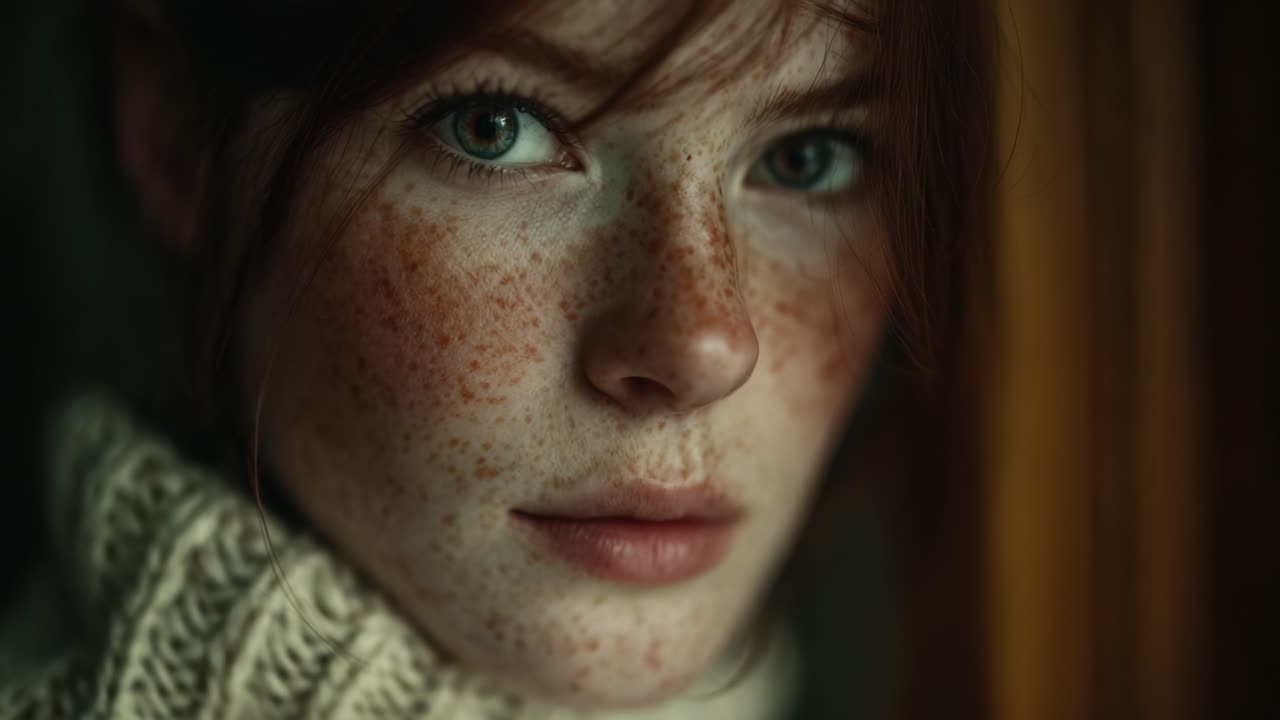 A captivating close-up portrait of a young woman with striking green eyes and freckles, embodying beauty and mystery with a soft knitted sweater framing her face