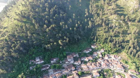 Drone-view-in-Albania-vertical-panning-showing-Berat-medieval-town-brick-houses-and-green-mountain-next-to-it