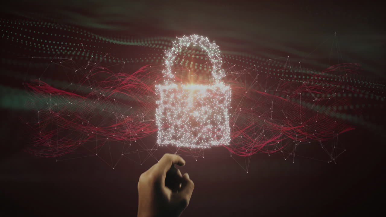 Interacting with digital lock, hand visualizing data network in animation style