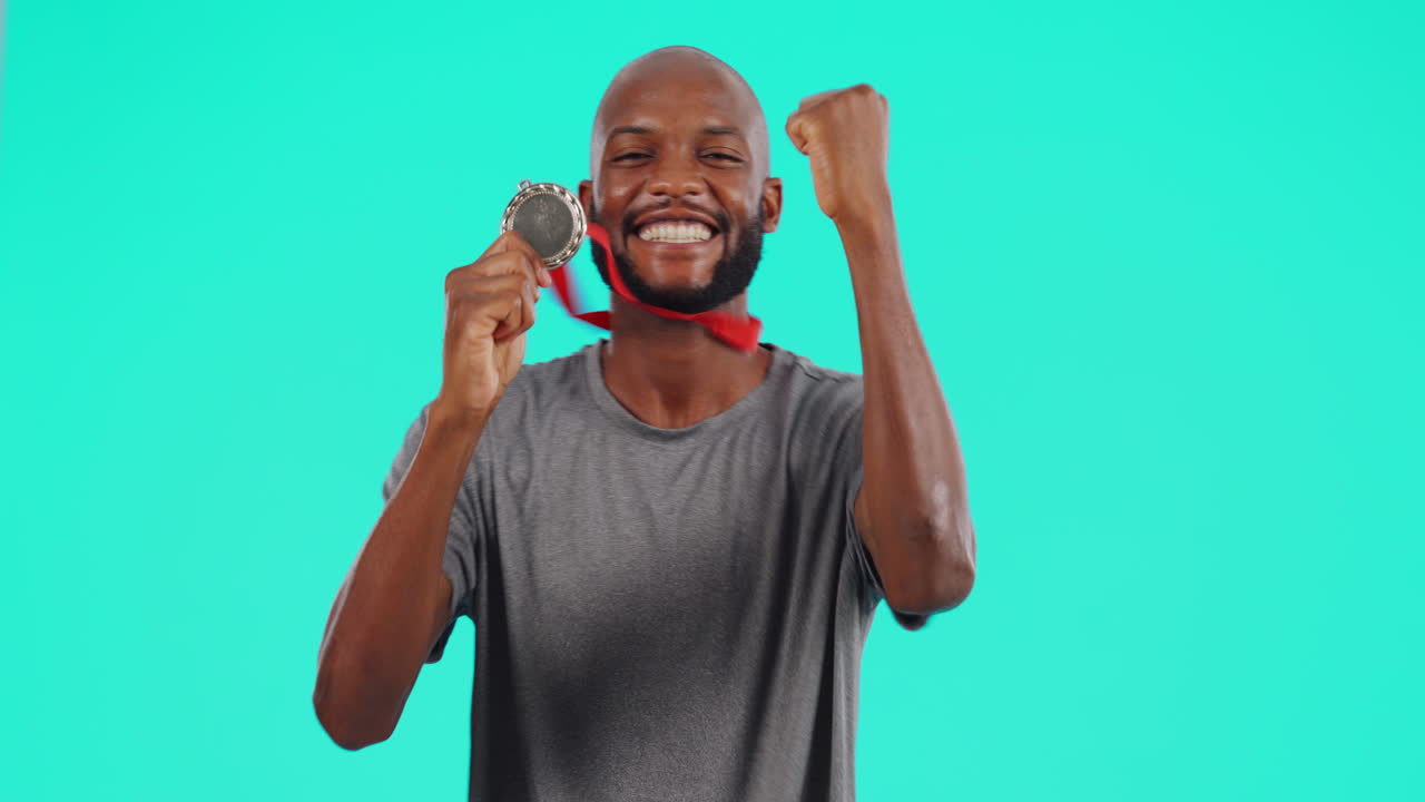 Black man, celebrate and athlete medal winner