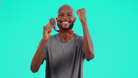 black man, celebrate and athlete medal winner